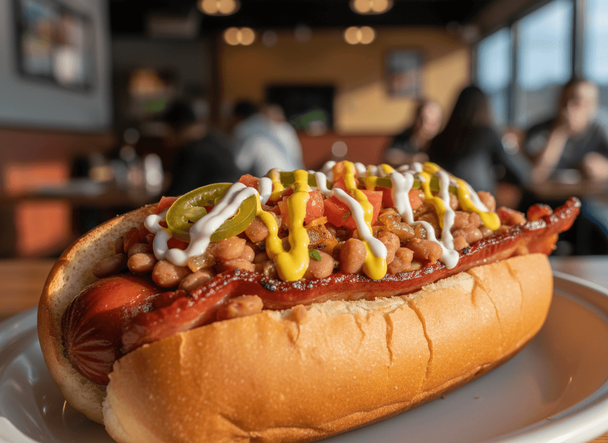 Sonoran hot dog with bacon and toppings